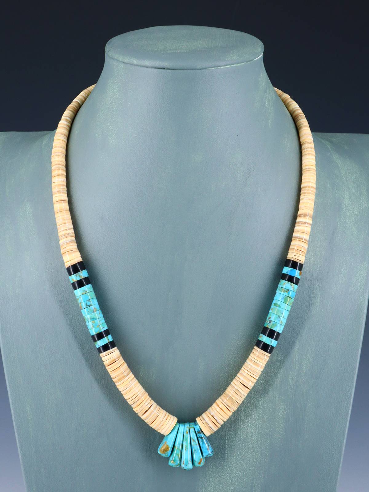 Native American Jewelry Single Strand Shell Heishi and Turquoise Necklace