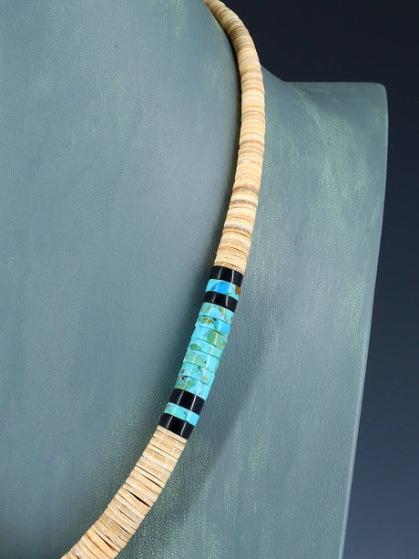 Native American Jewelry Single Strand Shell Heishi and Turquoise Necklace