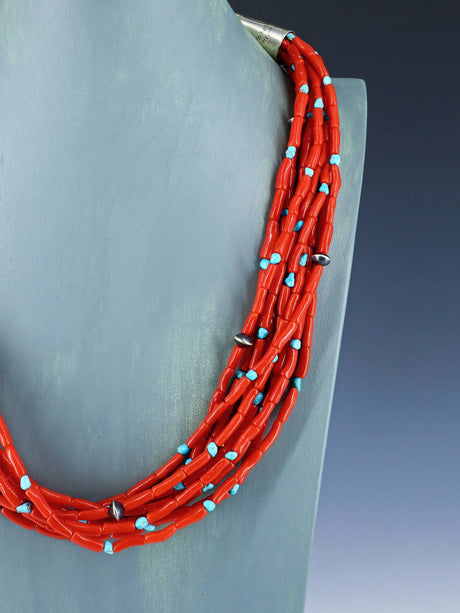 Vintage Navajo Natural Coral and Sleeping Beauty Turquoise Ten Strand Necklace