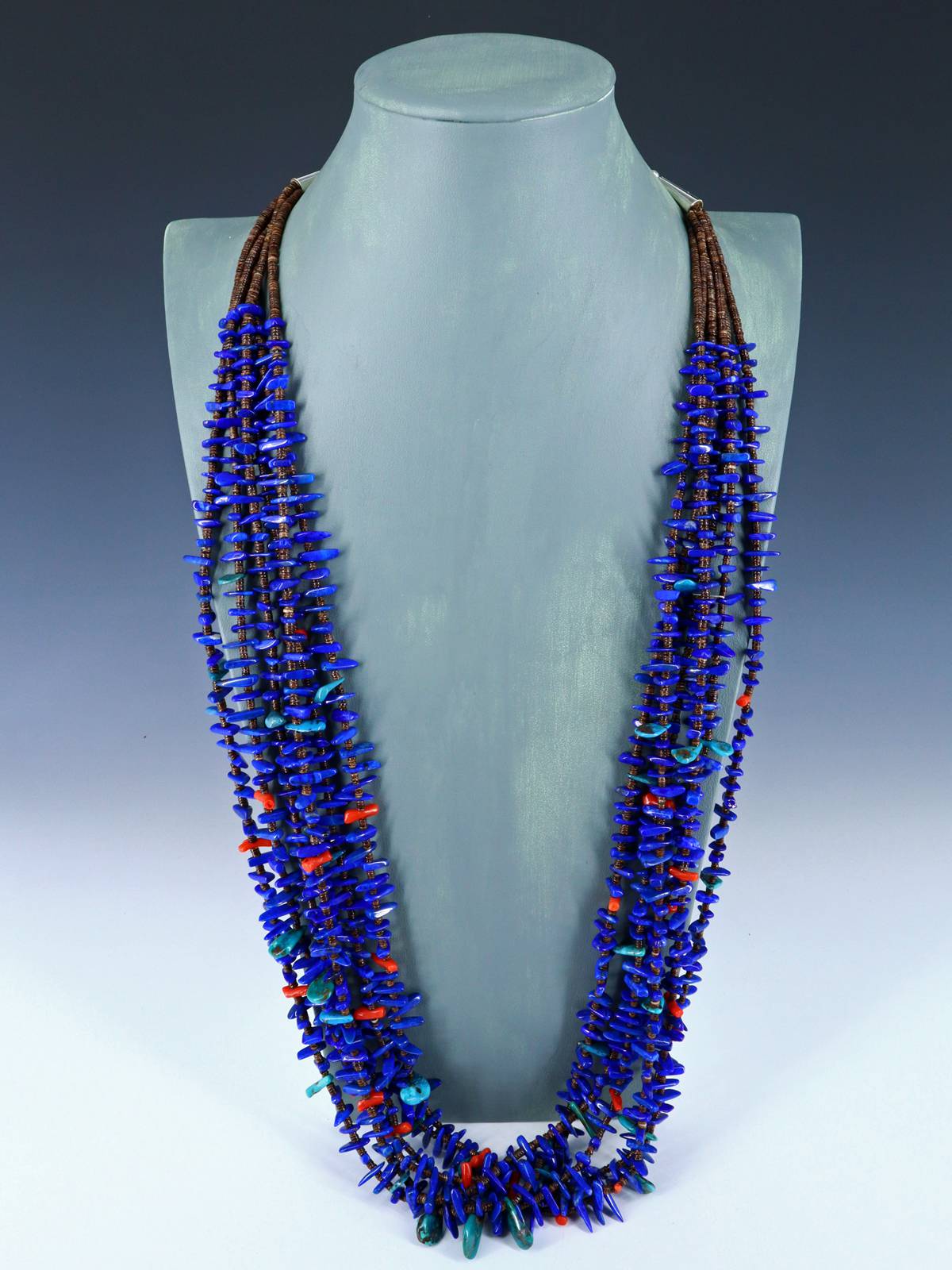 Native American Jewelry Lapis and Shell Heishi Six Strand Necklace - PuebloDirect.com