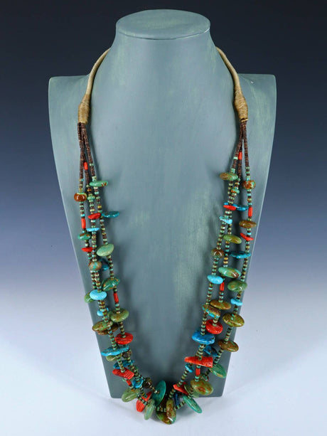 Native American Jewelry Three Strand Turquoise and Spiny Oyster Necklace - PuebloDirect.com