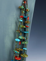 Native American Jewelry Three Strand Turquoise and Spiny Oyster Necklace - PuebloDirect.com