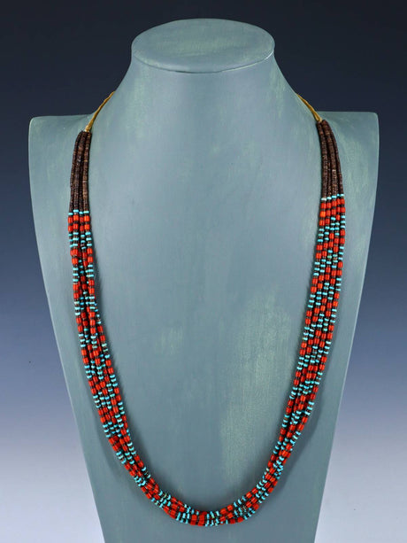 Native American Jewelry Five Strand Turquoise and Coral Necklace - PuebloDirect.com