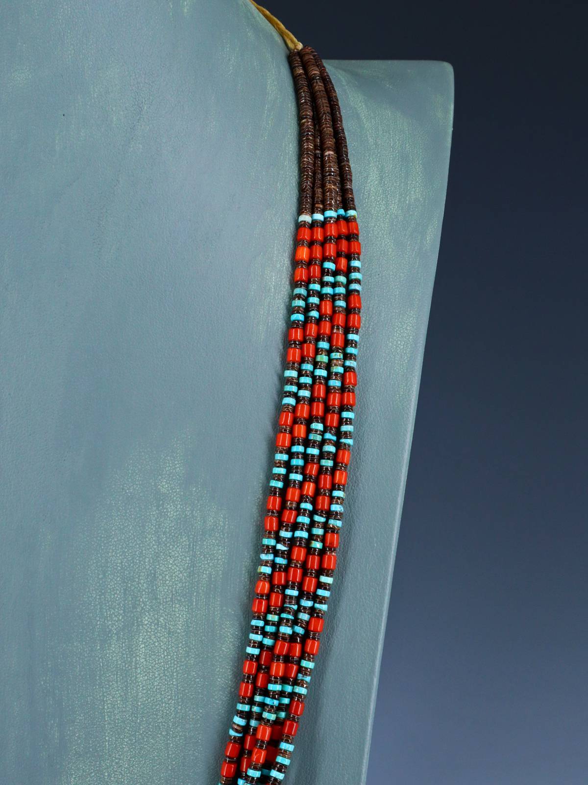 Native American Jewelry Five Strand Turquoise and Coral Necklace - PuebloDirect.com