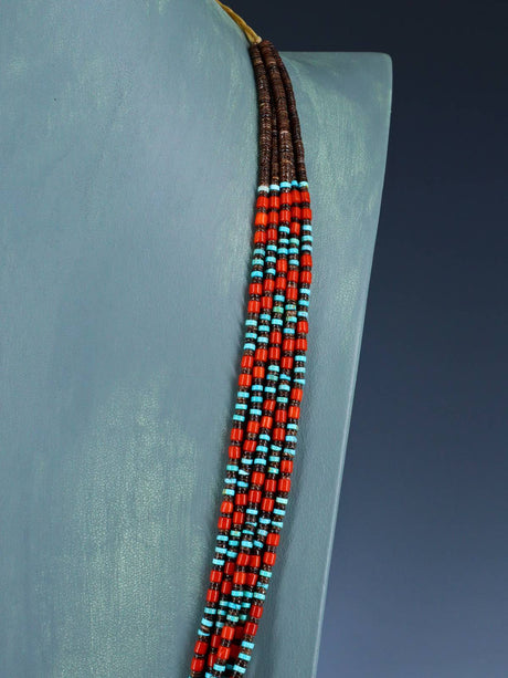 Native American Jewelry Five Strand Turquoise and Coral Necklace - PuebloDirect.com