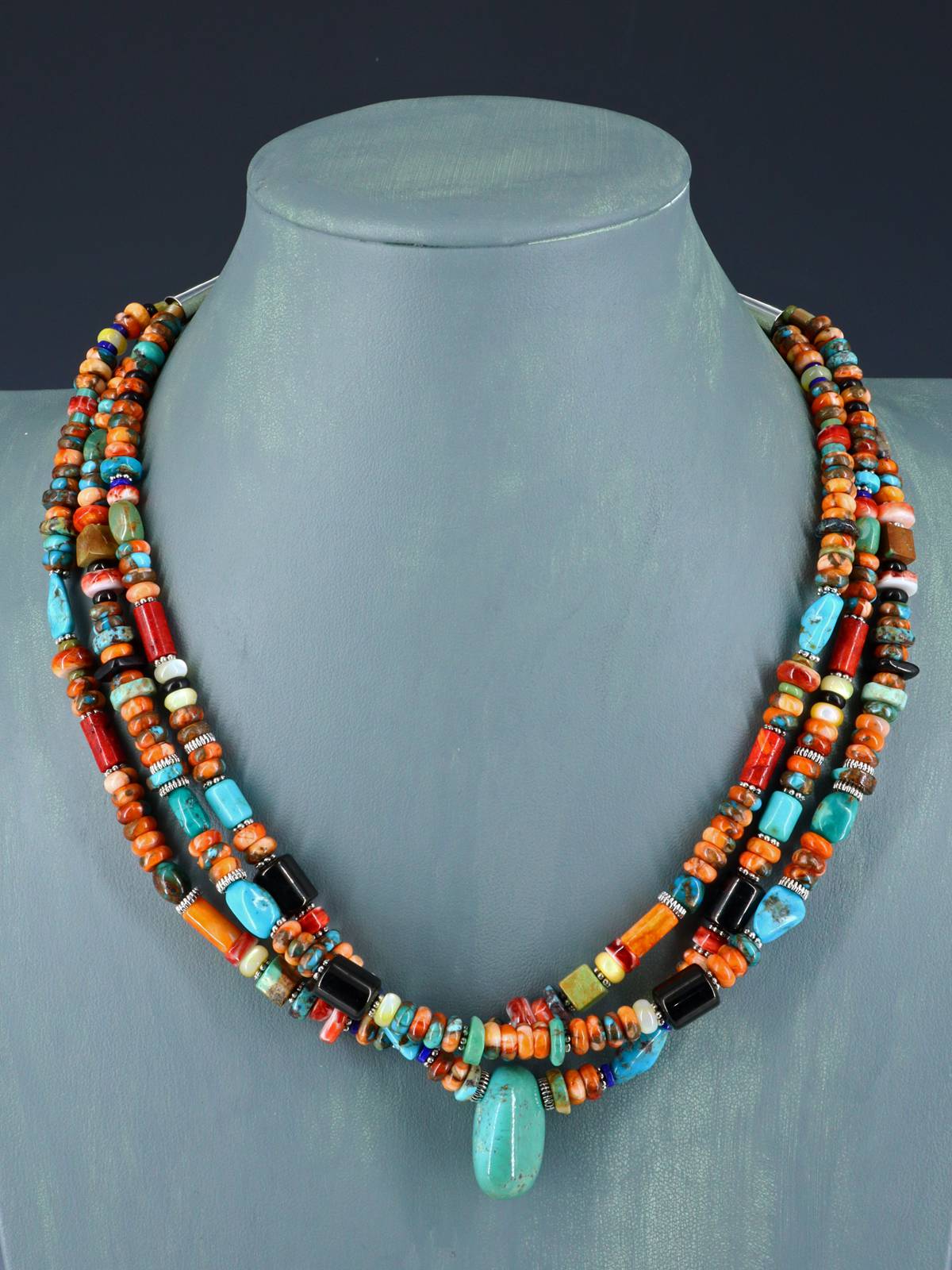 Native American Jewelry Triple Strand Spiny Oyster Treasure Necklace - PuebloDirect.com