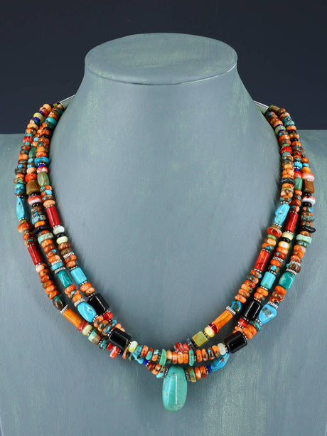 Native American Jewelry Triple Strand Spiny Oyster Treasure Necklace - PuebloDirect.com