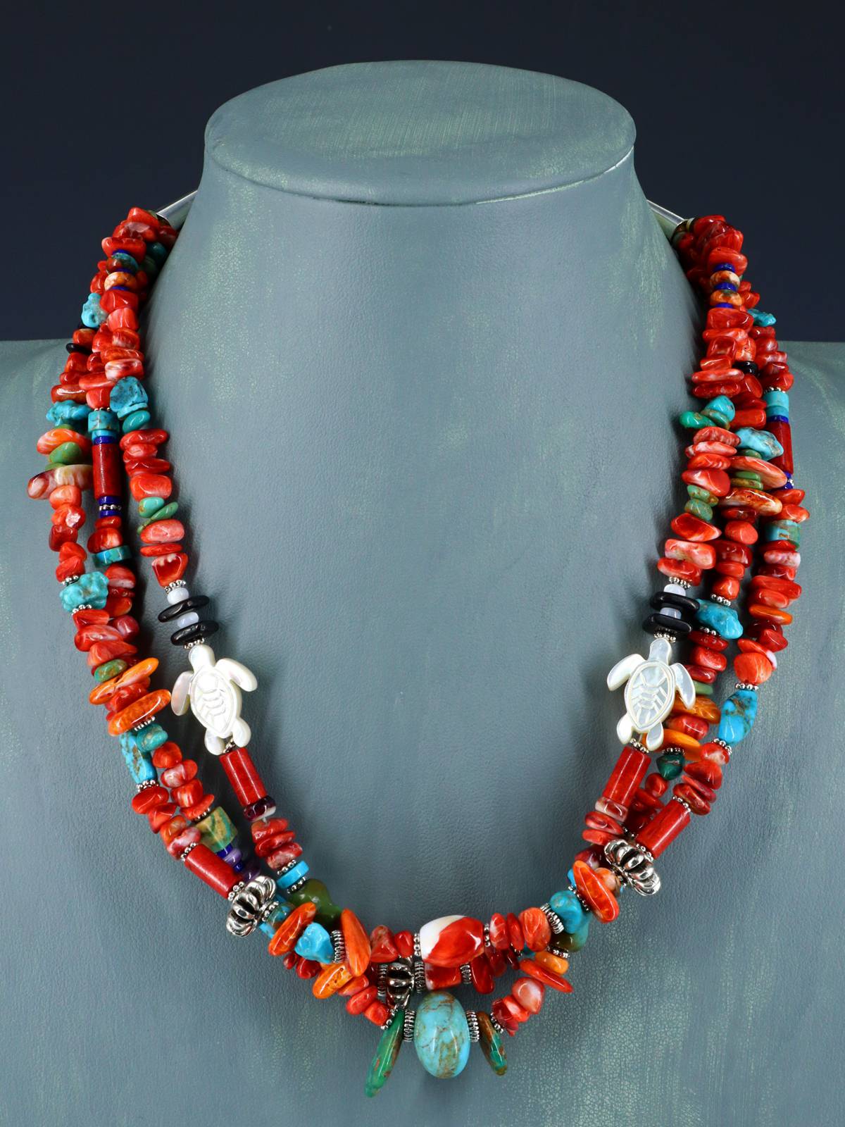 Native American Jewelry Triple Strand Spiny Oyster Treasure Necklace - PuebloDirect.com