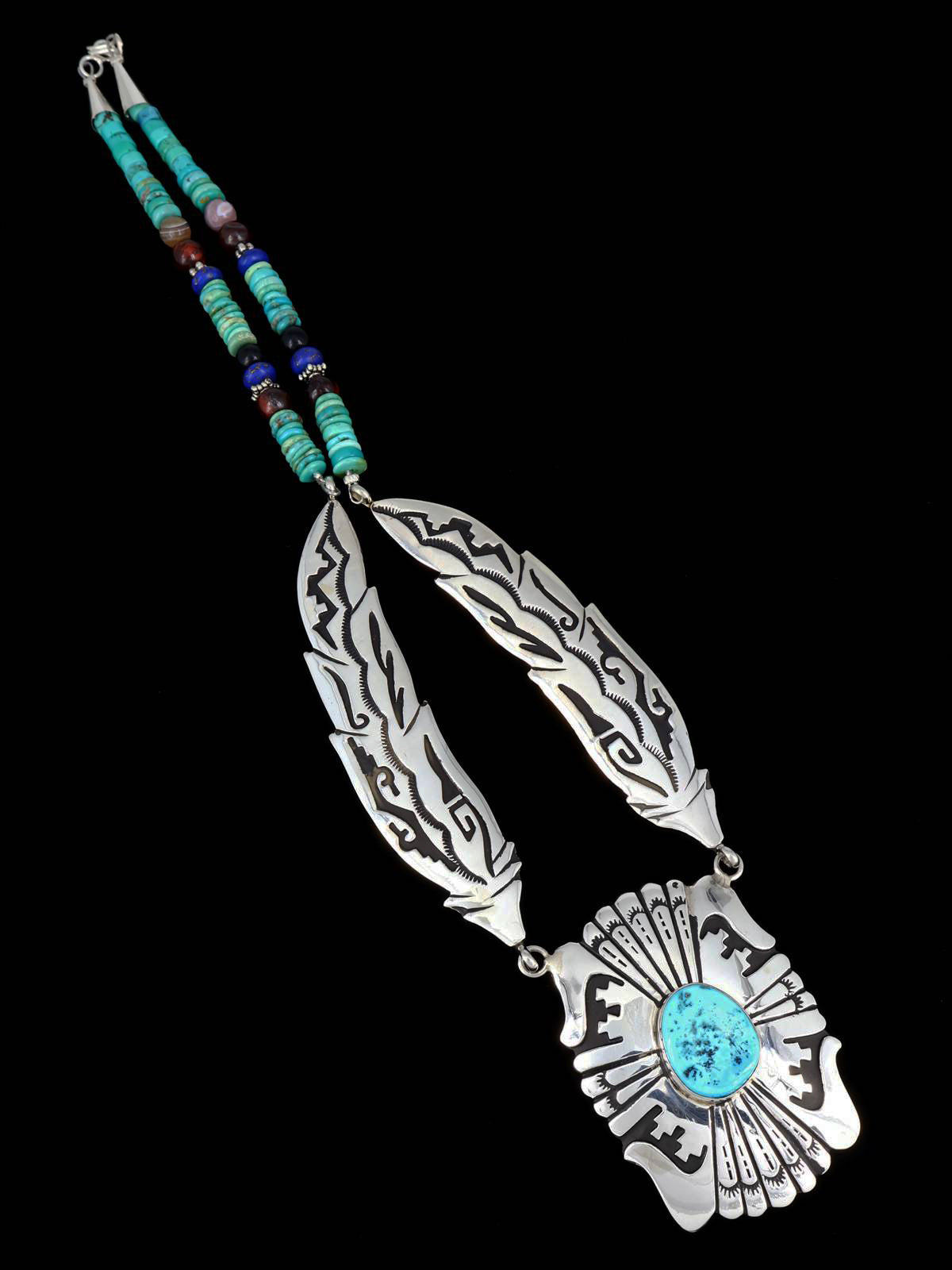 Navajo Turquoise Beaded Sterling Silver Feather Necklace