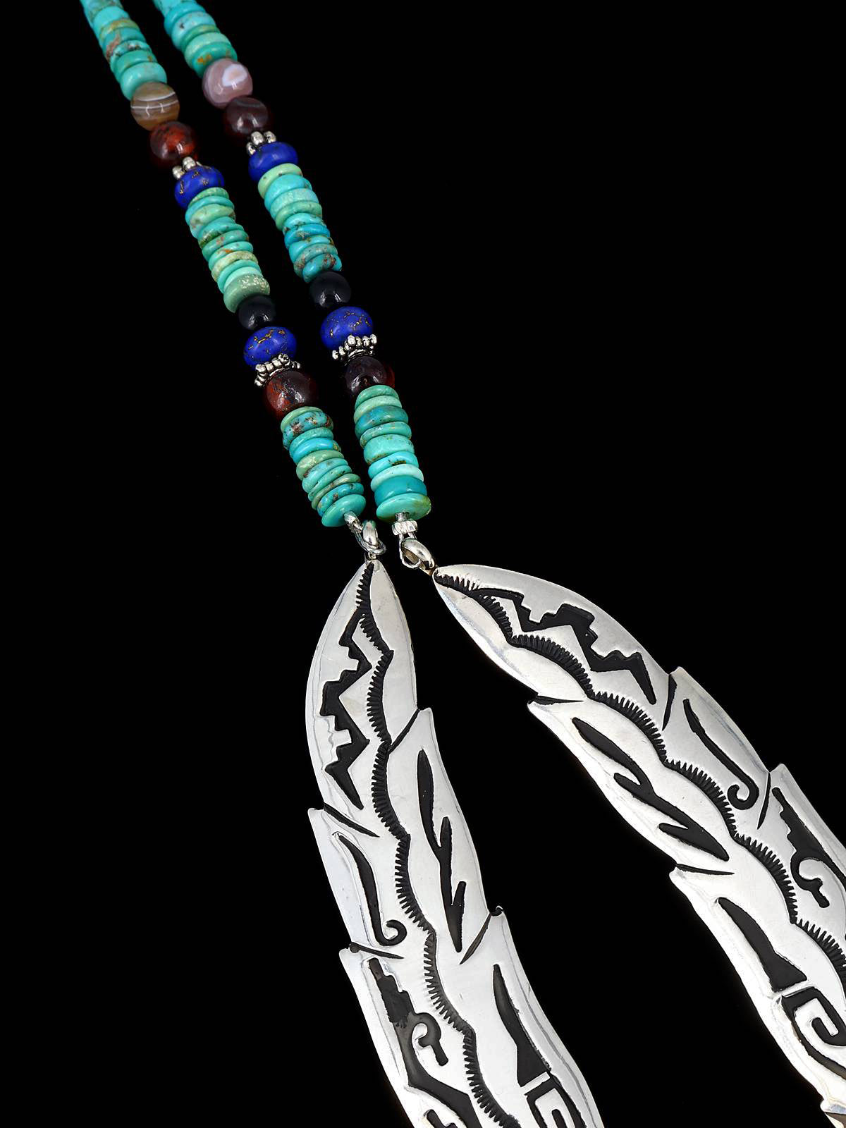 Navajo Turquoise Beaded Sterling Silver Feather Necklace