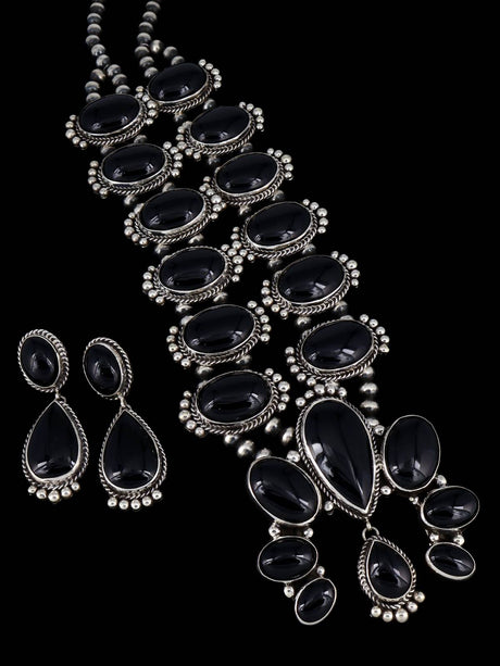 Native American Jewelry Black Onyx Squash Blossom Necklace Set