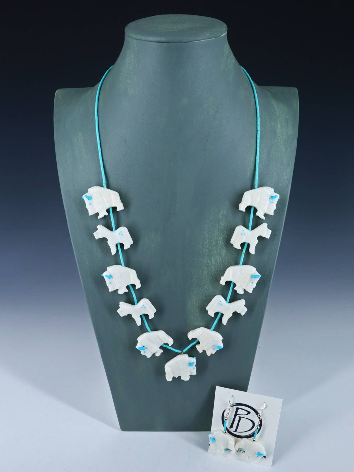 Native American White Marble Zuni Fetish Carved Buffalo and Horse Necklace Set