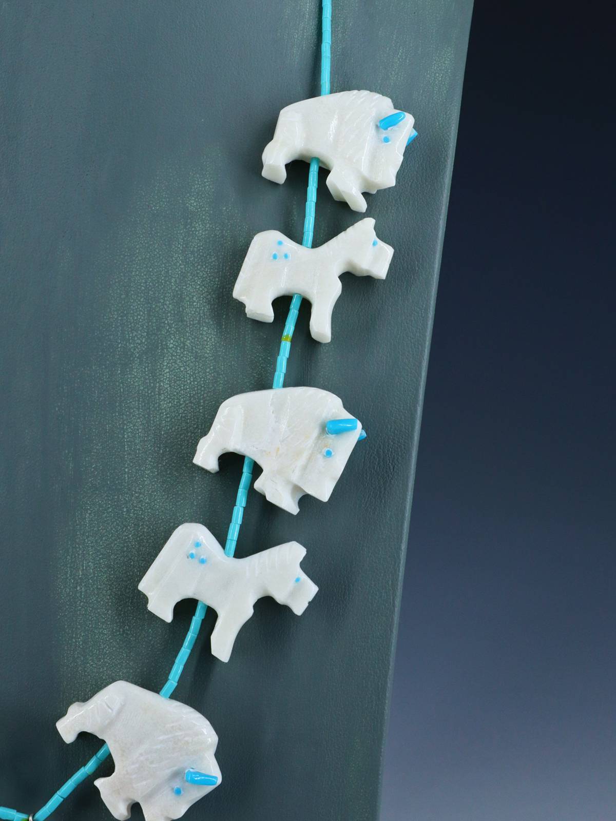Native American White Marble Zuni Fetish Carved Buffalo and Horse Necklace Set