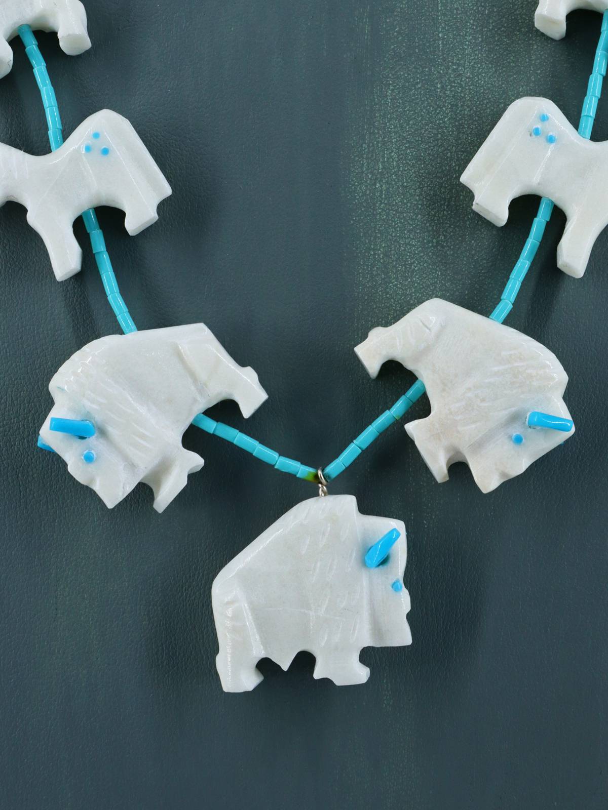 Native American White Marble Zuni Fetish Carved Buffalo and Horse Necklace Set