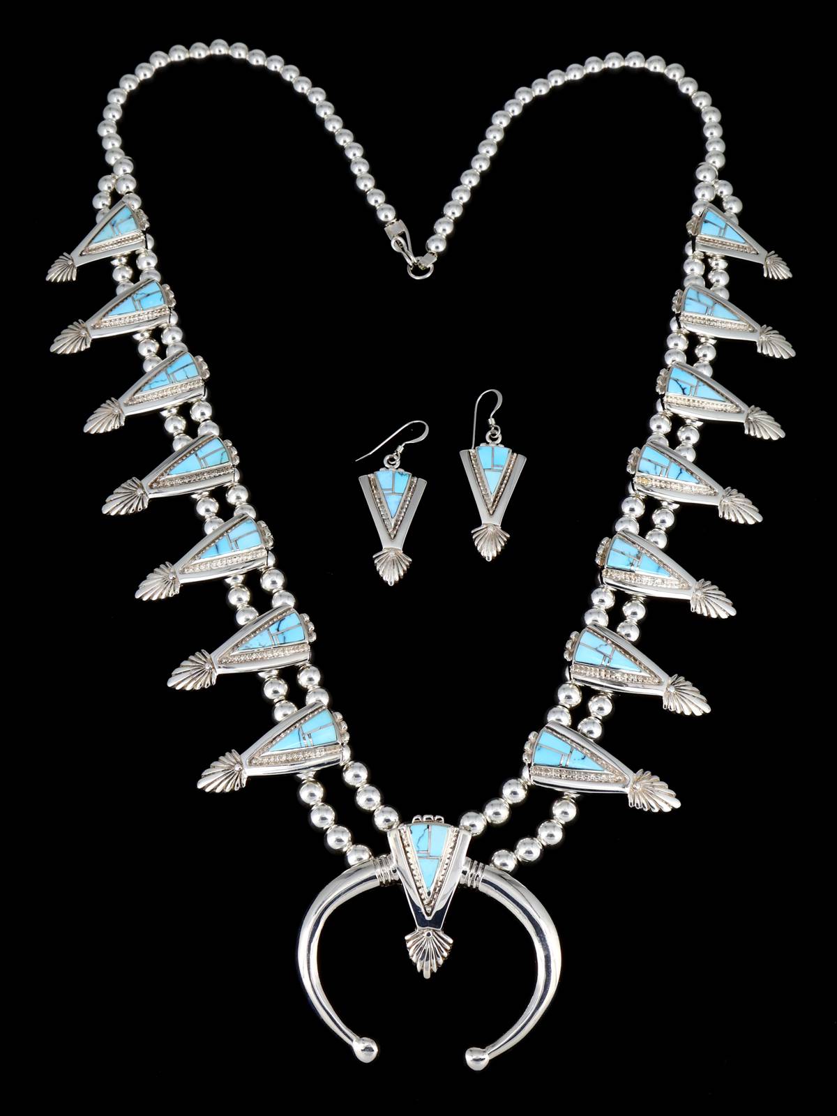Navajo Inlay Golden Hill Sterling Silver Squash Blossom Necklace Set