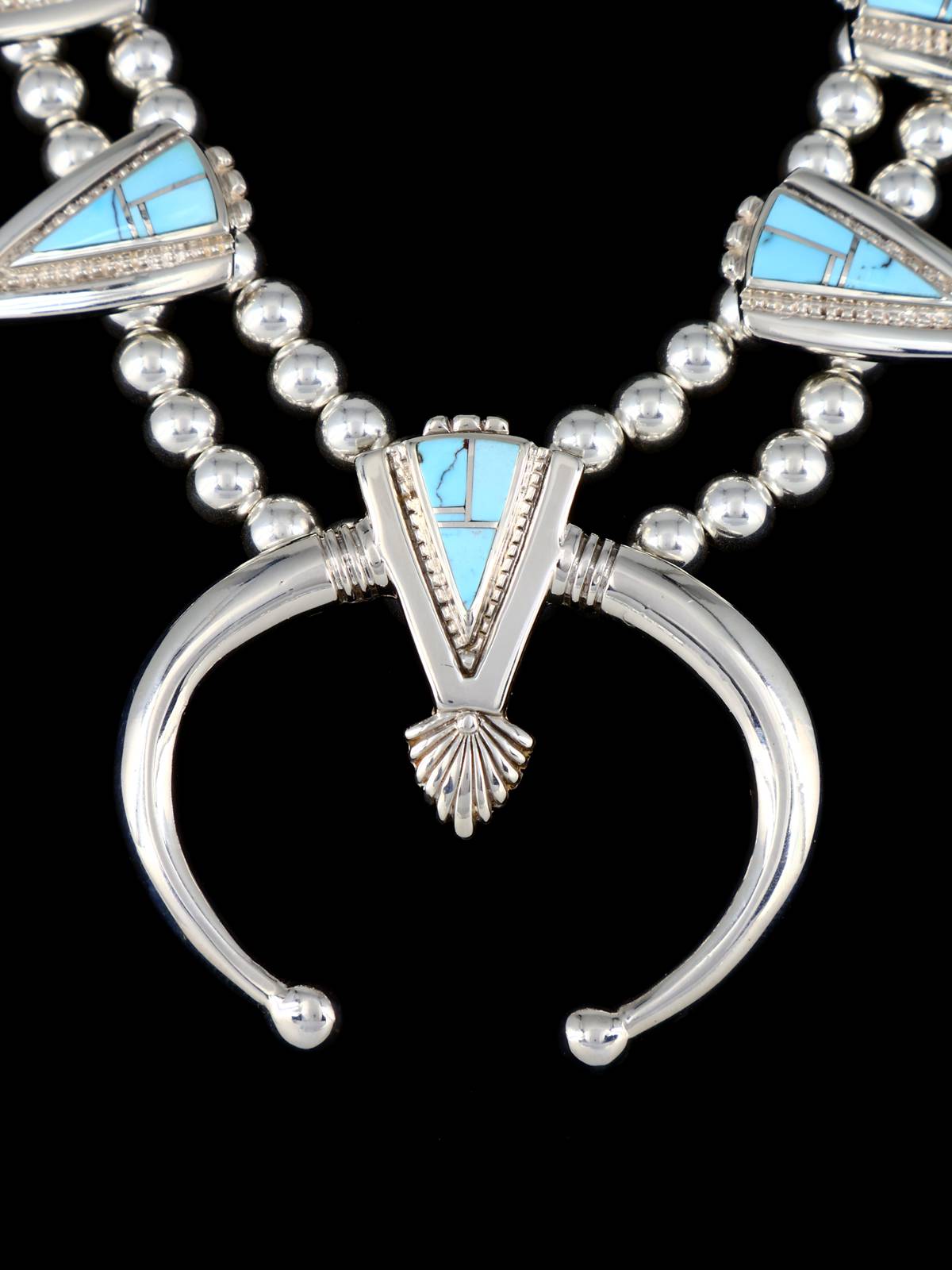 Navajo Inlay Golden Hill Sterling Silver Squash Blossom Necklace Set