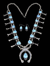 Juego de collar de flor de calabaza turquesa Kingman de plata de ley de nativos americanos