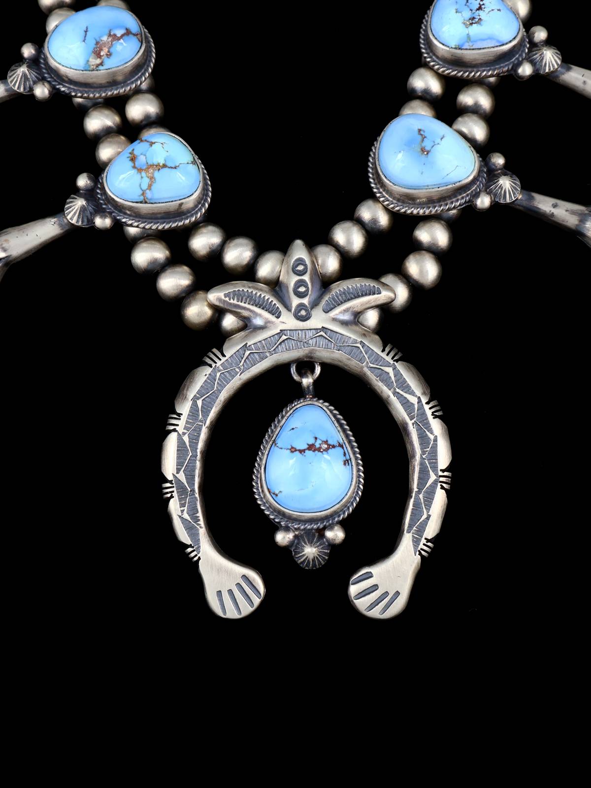 Juego de collar de flor de calabaza turquesa Kingman de plata de ley de nativos americanos