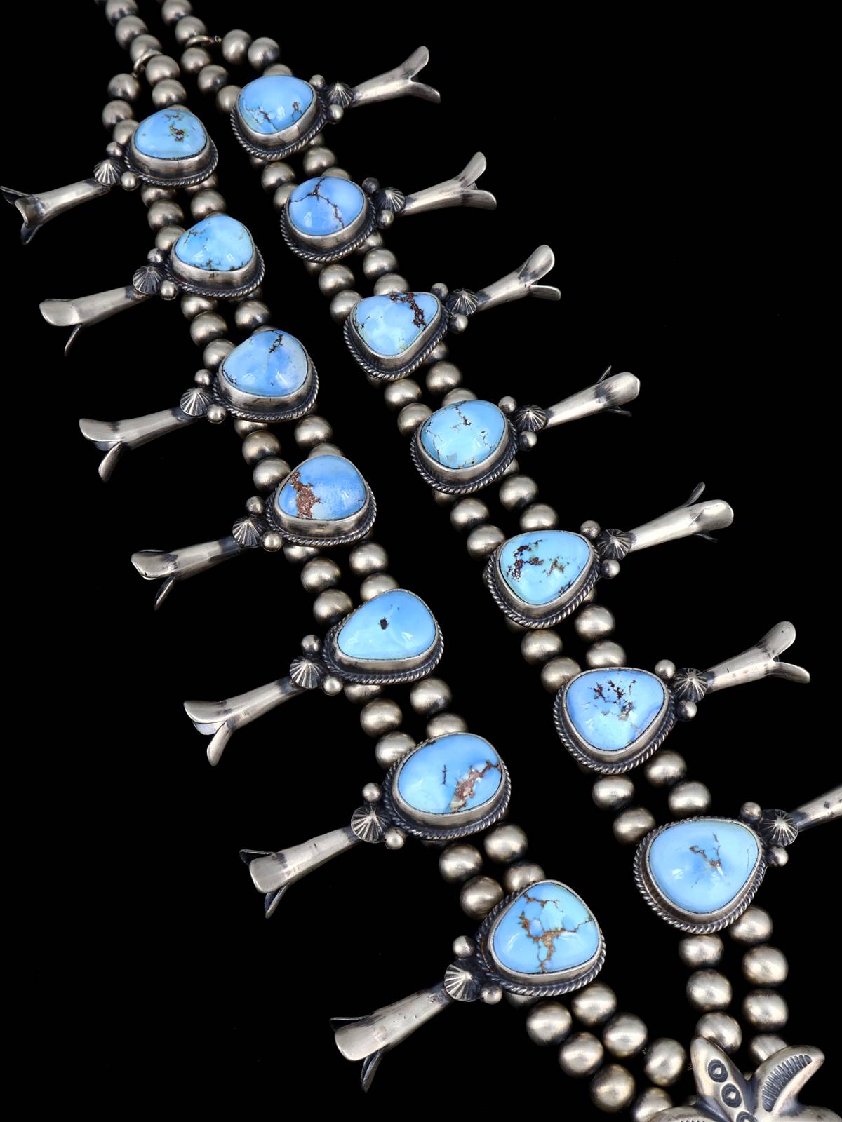 Juego de collar de flor de calabaza turquesa Kingman de plata de ley de nativos americanos