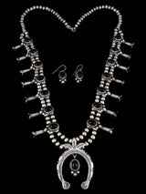 Native American Sterling Silver Onyx Squash Blossom Necklace Set