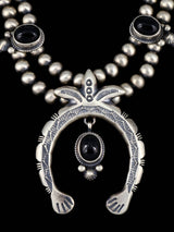 Native American Sterling Silver Onyx Squash Blossom Necklace Set