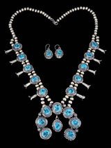 Native American Sterling Silver Kingman Turquoise Squash Blossom Necklace Set