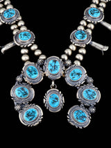 Native American Sterling Silver Kingman Turquoise Squash Blossom Necklace Set