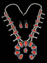 Conjunto de collar de flor de calabaza de plata de ley de coral mediterráneo natural