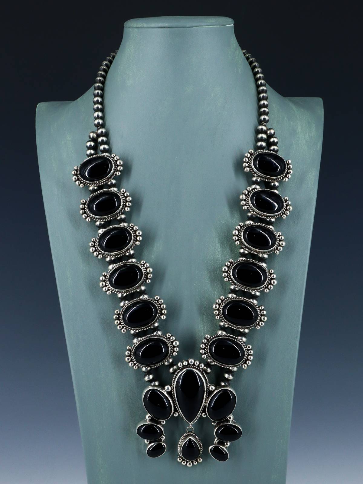 Native American Jewelry Black Onyx Squash Blossom Necklace Set