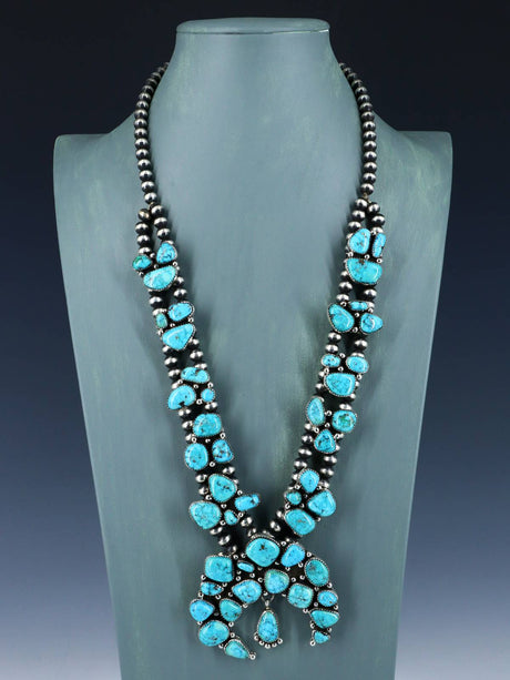 Native American Old Kingman Turquoise Squash Blossom Necklace