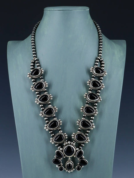 Native American Jewelry Black Onyx Squash Blossom Necklace Set