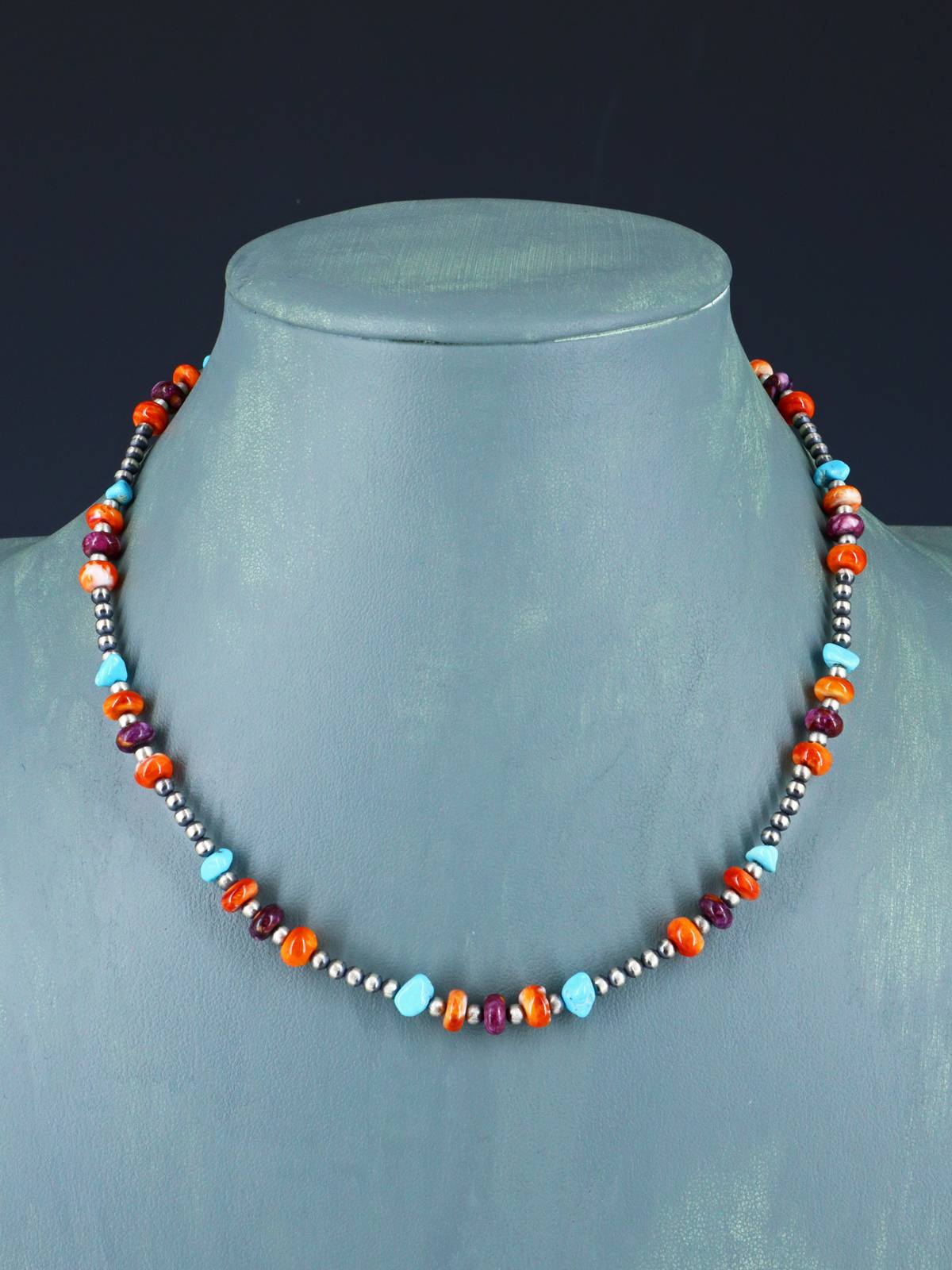 16" Native American Turquoise, Spiny Oyster and Silver Bead Necklace