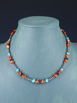 16" Native American Turquoise, Spiny Oyster and Silver Bead Necklace