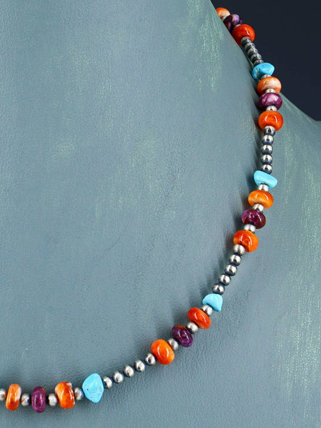 16" Native American Turquoise, Spiny Oyster and Silver Bead Necklace