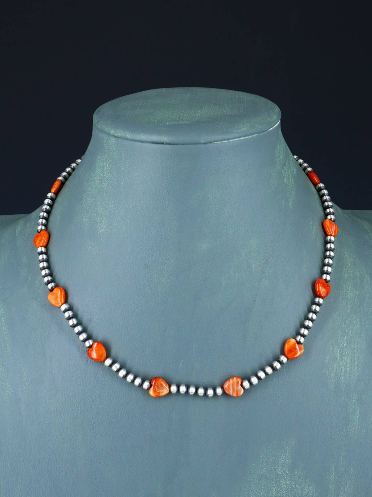 Native American Spiny Oyster Heart and Silver Bead Necklace