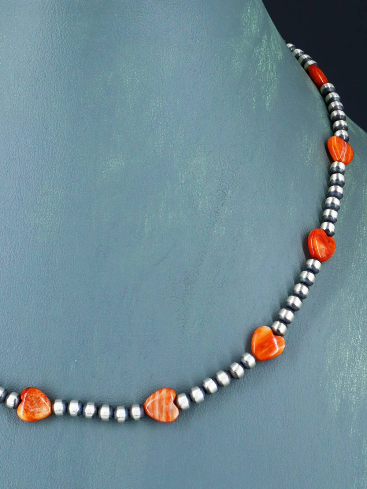 Native American Spiny Oyster Heart and Silver Bead Necklace