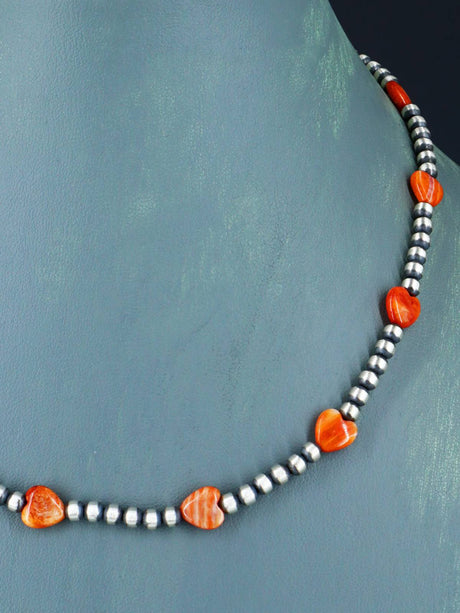 Native American Spiny Oyster Heart and Silver Bead Necklace