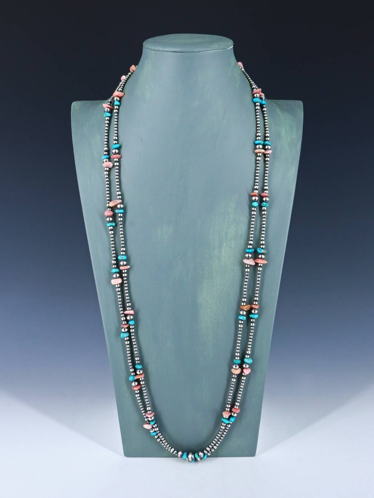 Extra Long Native American Turquoise and Silver Bead Necklace