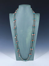 Extra Long Native American Turquoise and Silver Bead Necklace