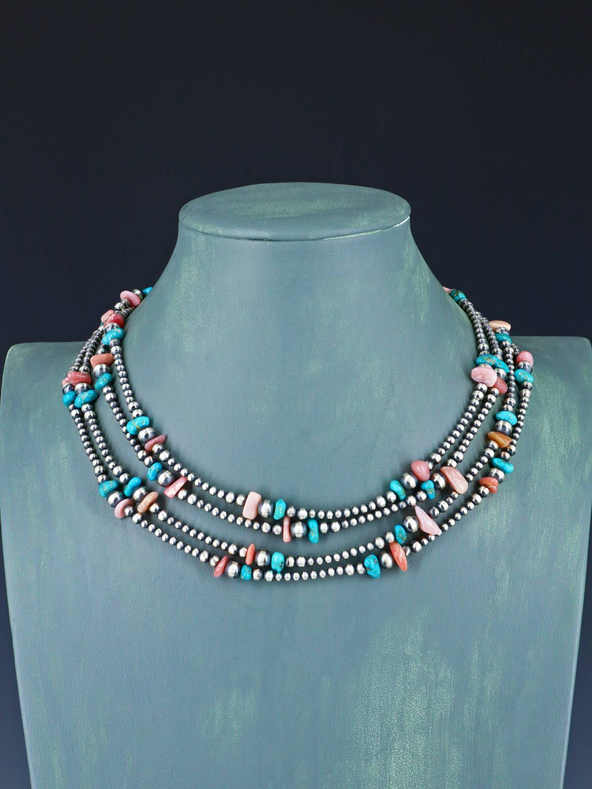 Extra Long Native American Turquoise and Silver Bead Necklace