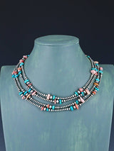 Extra Long Native American Turquoise and Silver Bead Necklace
