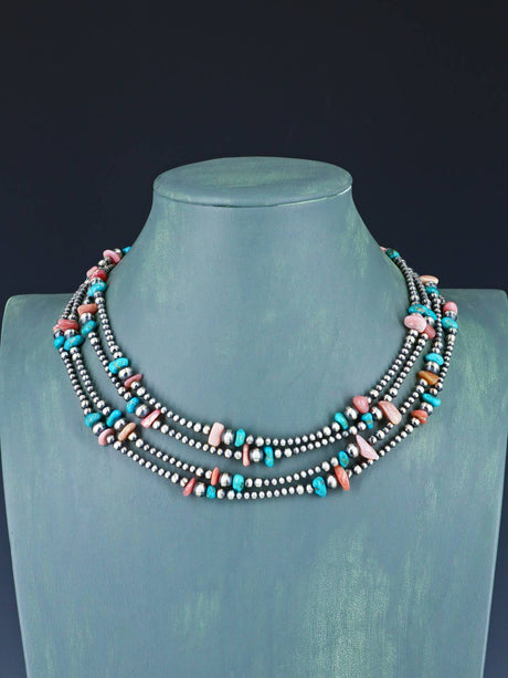 Extra Long Native American Turquoise and Silver Bead Necklace