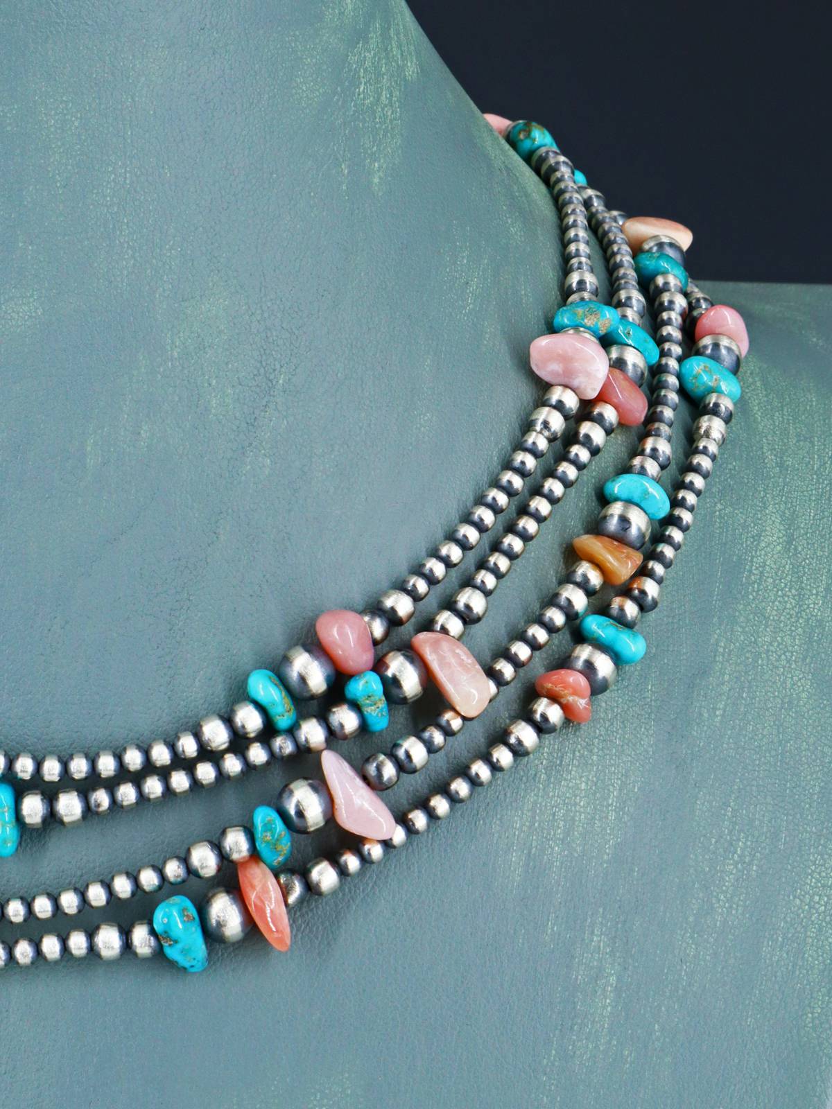 Extra Long Native American Turquoise and Silver Bead Necklace