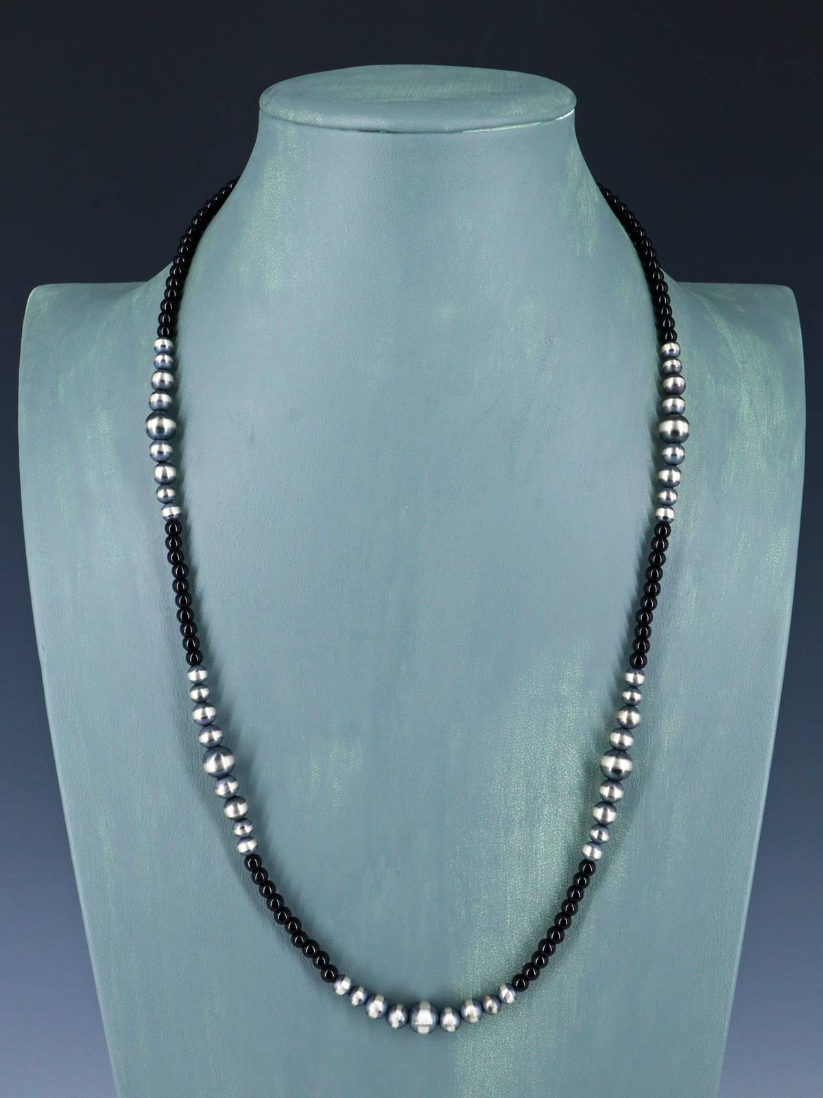 24" Native American Onyx and Sterling Silver Beaded Necklace