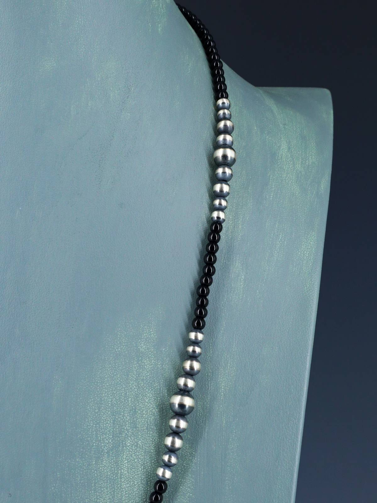 24" Native American Onyx and Sterling Silver Beaded Necklace