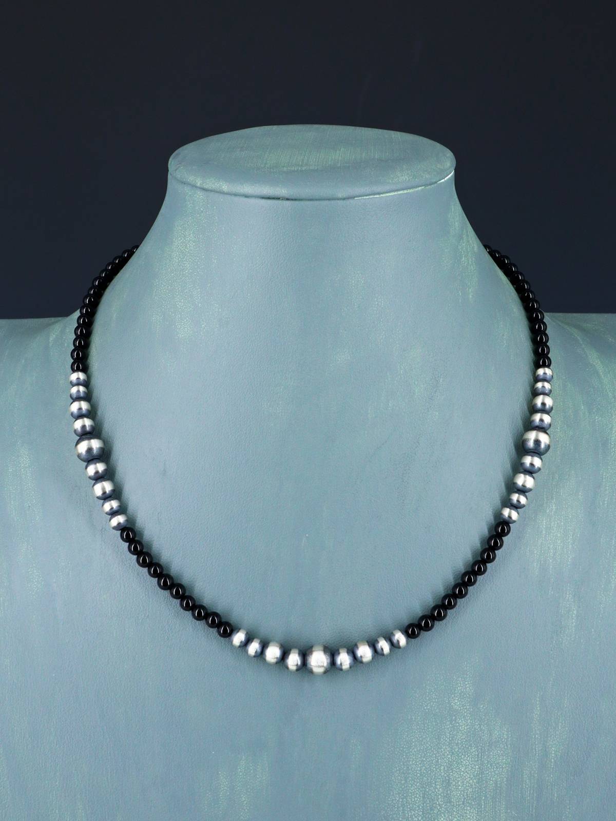 18" Native American Onyx and Sterling Silver Beaded Necklace