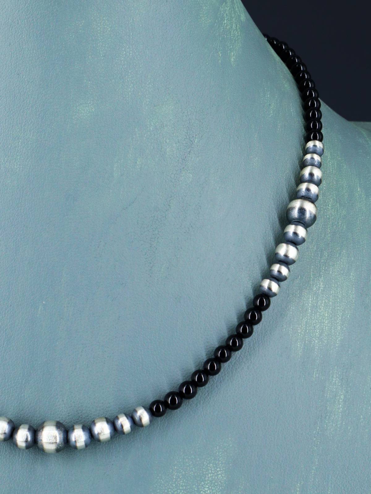18" Native American Onyx and Sterling Silver Beaded Necklace