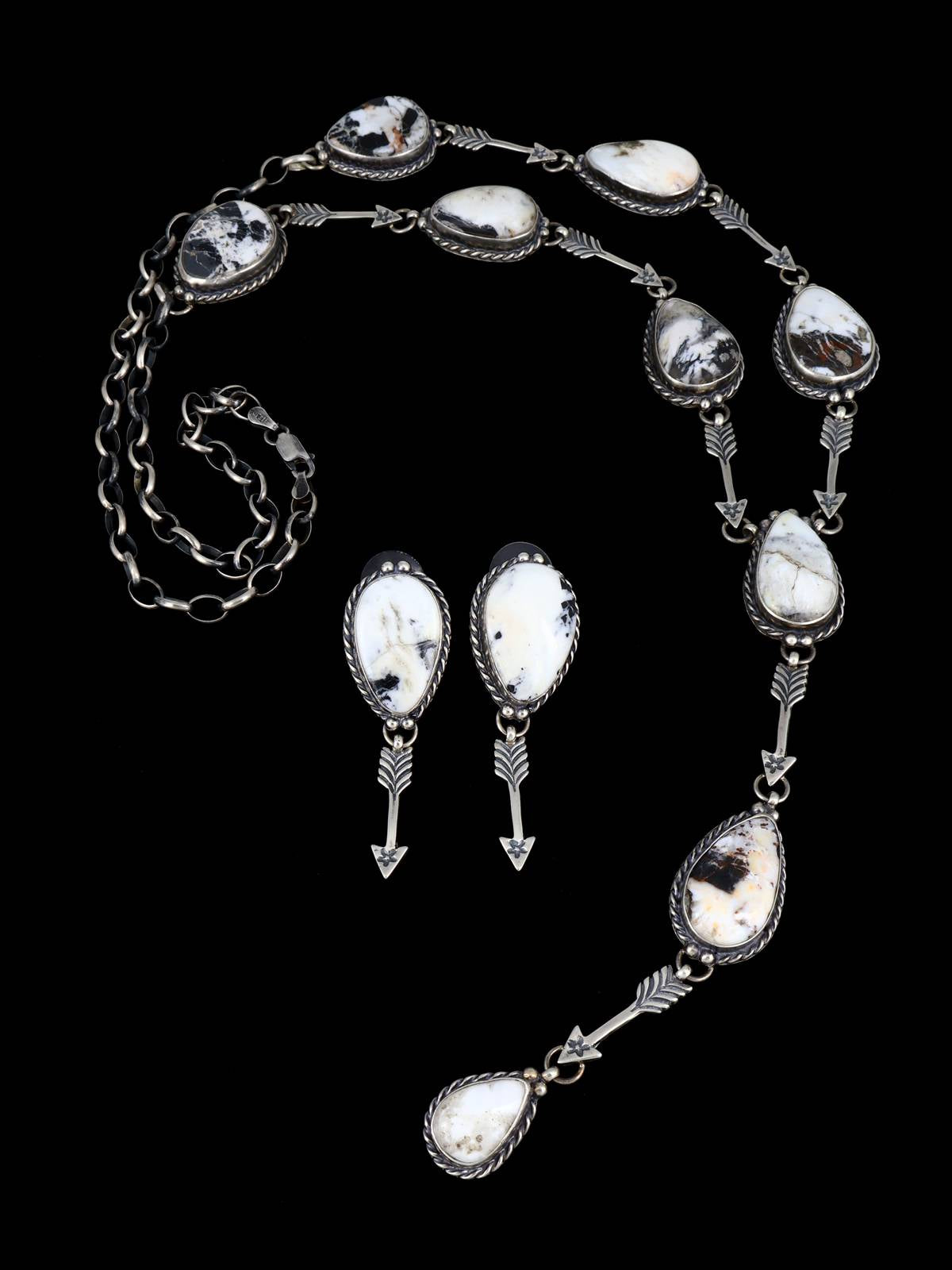 Native American White Buffalo Sterling Silver Lariat Necklace and Earring Set