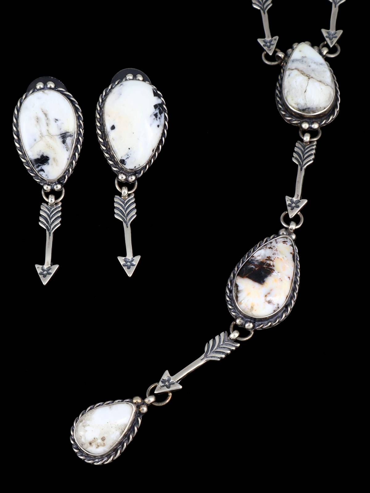 Native American White Buffalo Sterling Silver Lariat Necklace and Earring Set