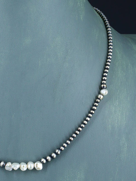 Navajo Jewelry Single Strand Mother of Pearl Sterling Silver Beaded Necklace
